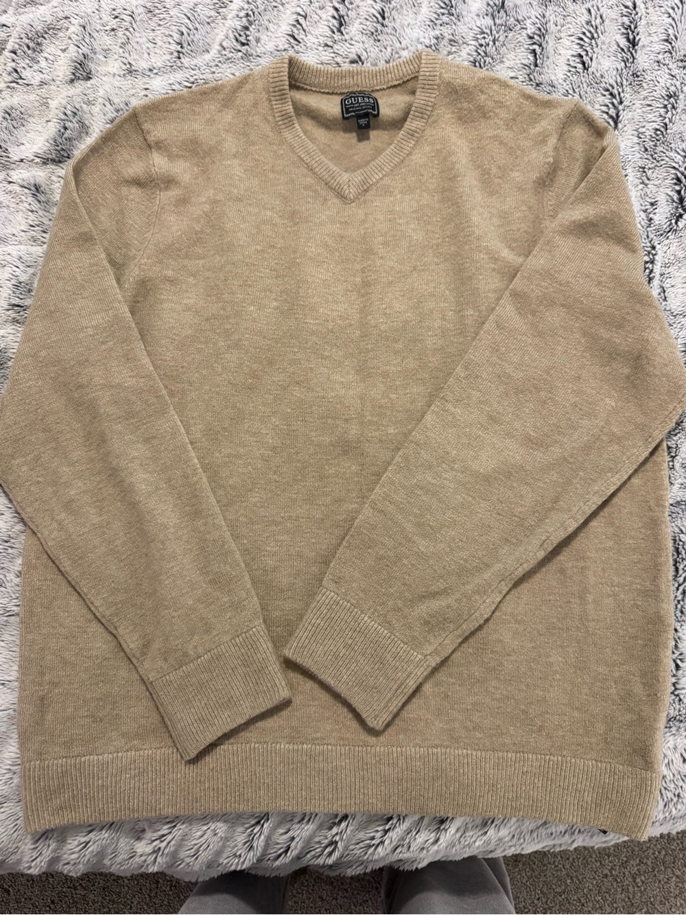 Guess Men’s V-Neck Sweater in Light Beige